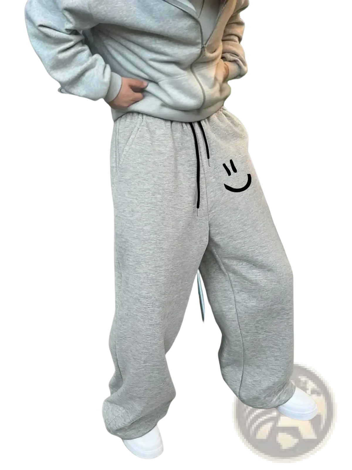 Men smiley face fleece sweatpants in gray featuring a black smiley face embroidery and matching drawstring waistband