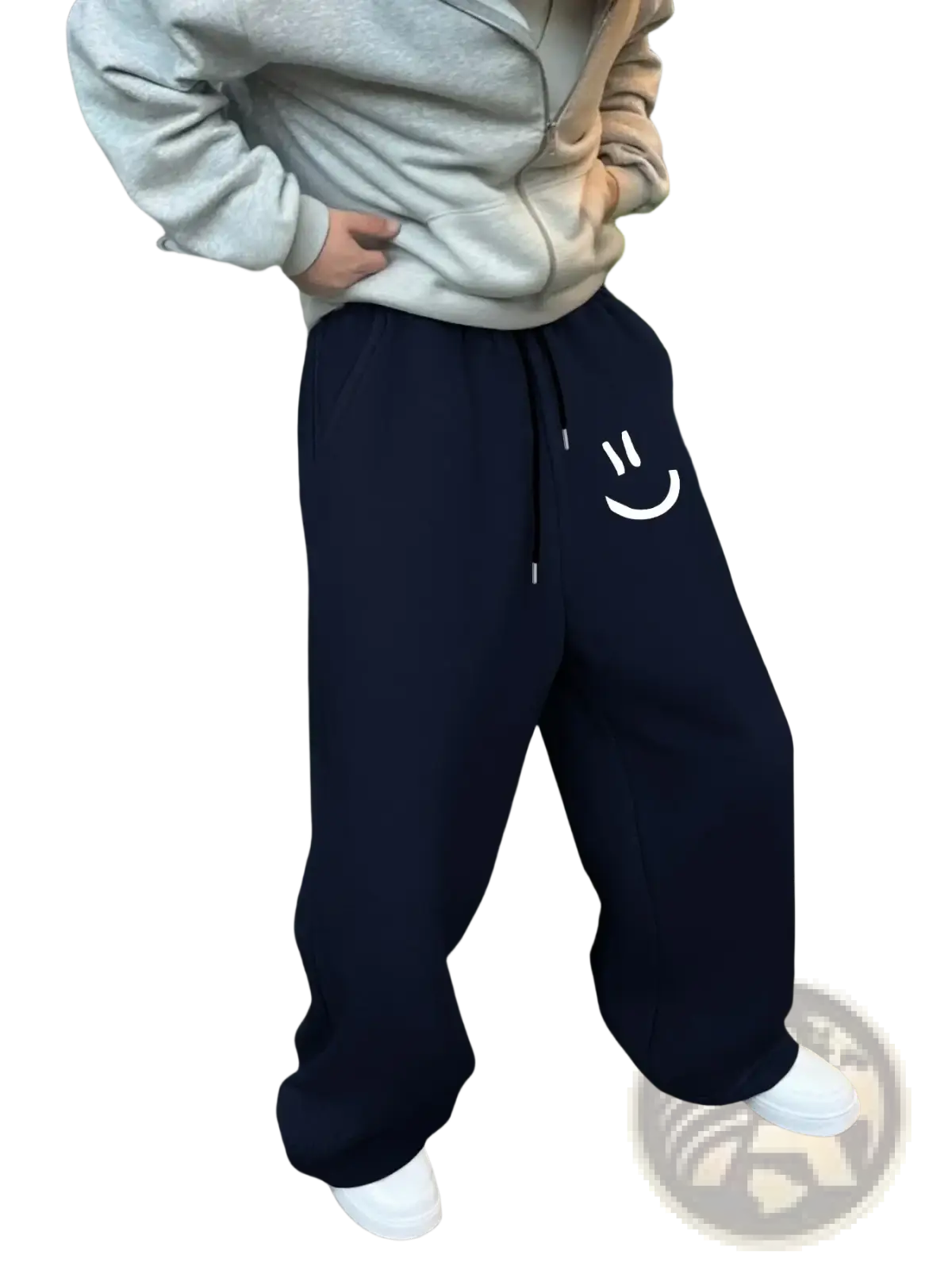 Navy blue men smiley face fleece sweatpants with white embroidered smiley on the left thigh