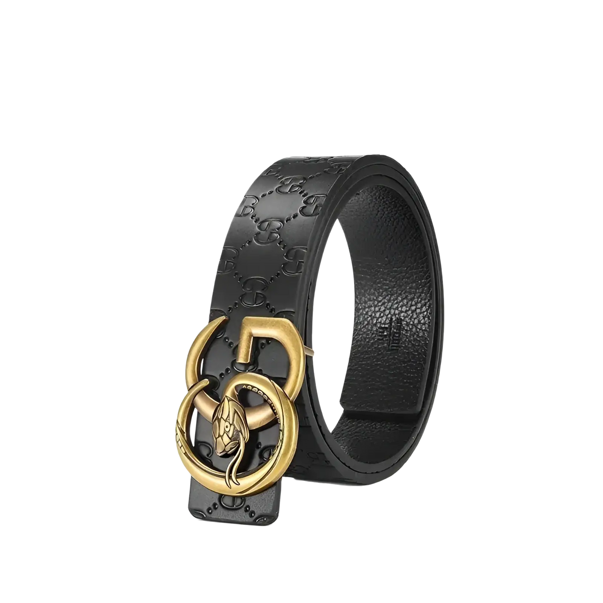 Men snake buckle leather belt in black with embossed gg monogram pattern and gold-tone snake head buckle