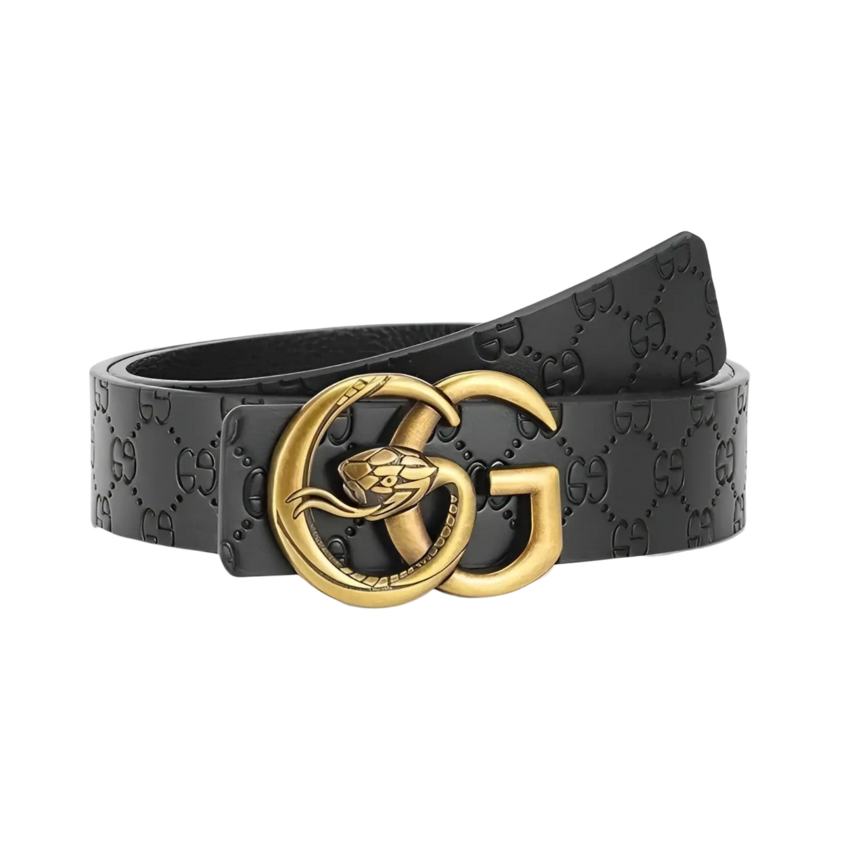 Men snake buckle leather belt in black with a gold-tone snake embossed GG logo buckle