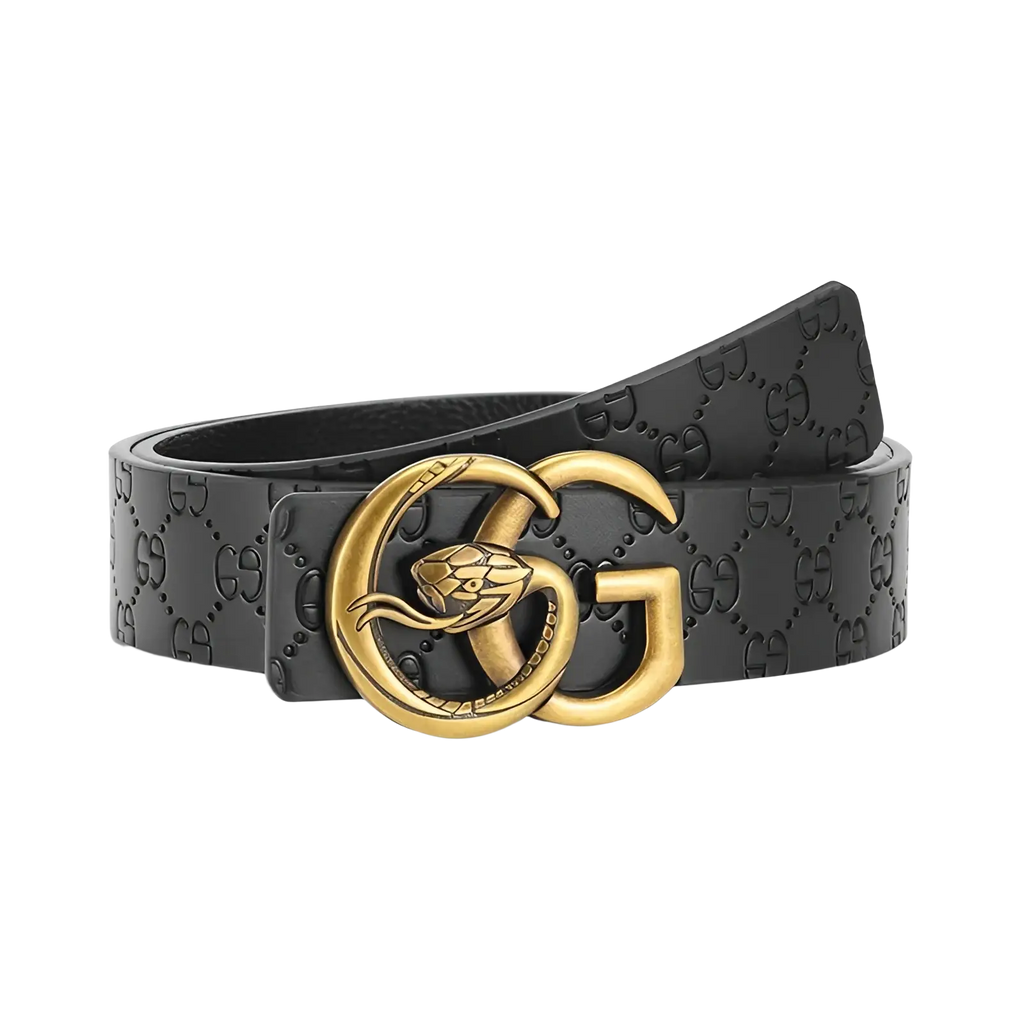 Black leather men snake buckle belt with gold-tone snake-embossed gg logo buckle for stylish wear