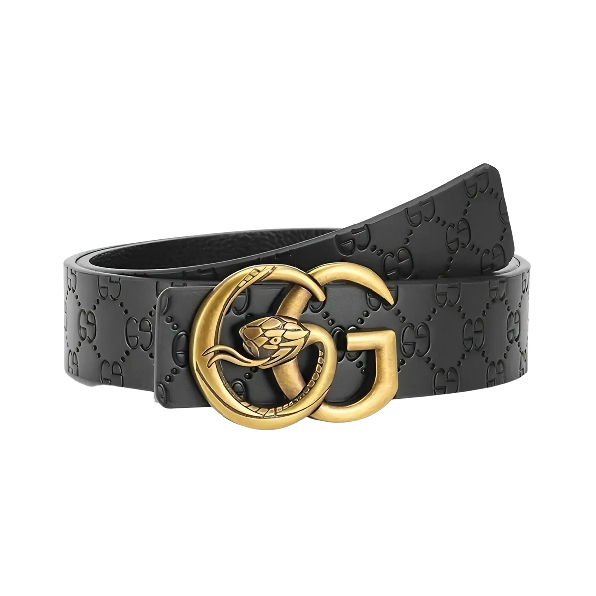 Black leather men snake buckle belt featuring gold-tone snake-embossed GG logo buckle
