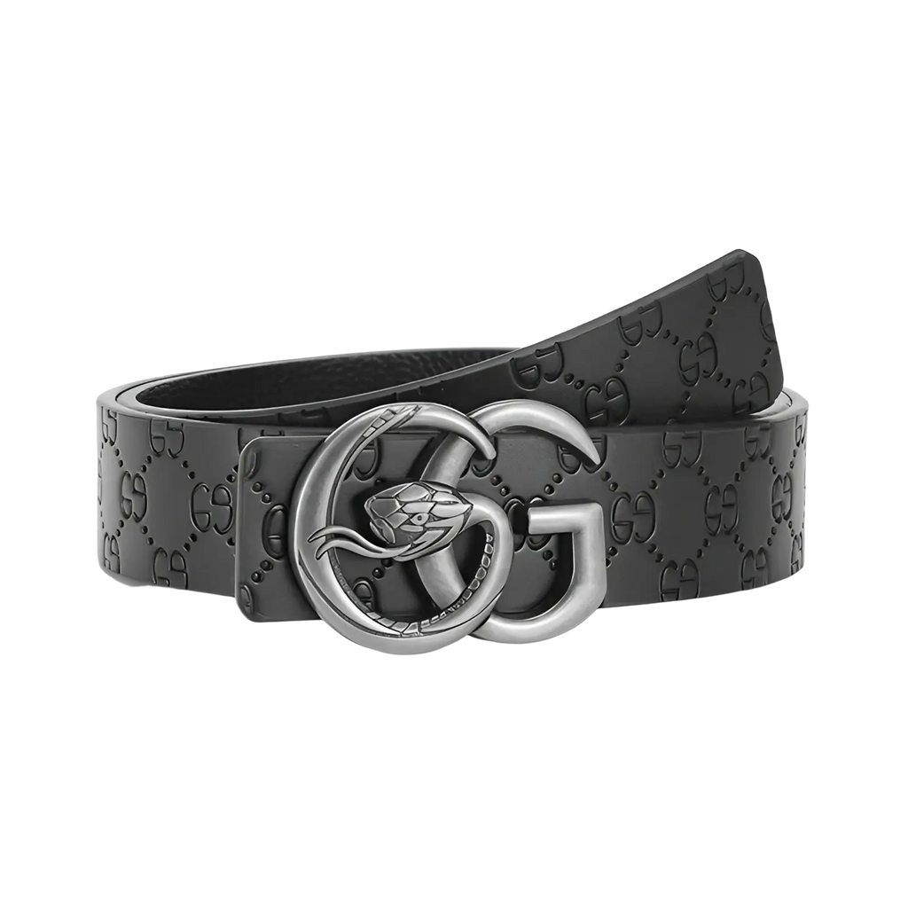 Black leather men snake buckle leather belt with embossed gg monogram pattern and silver snake double g buckle