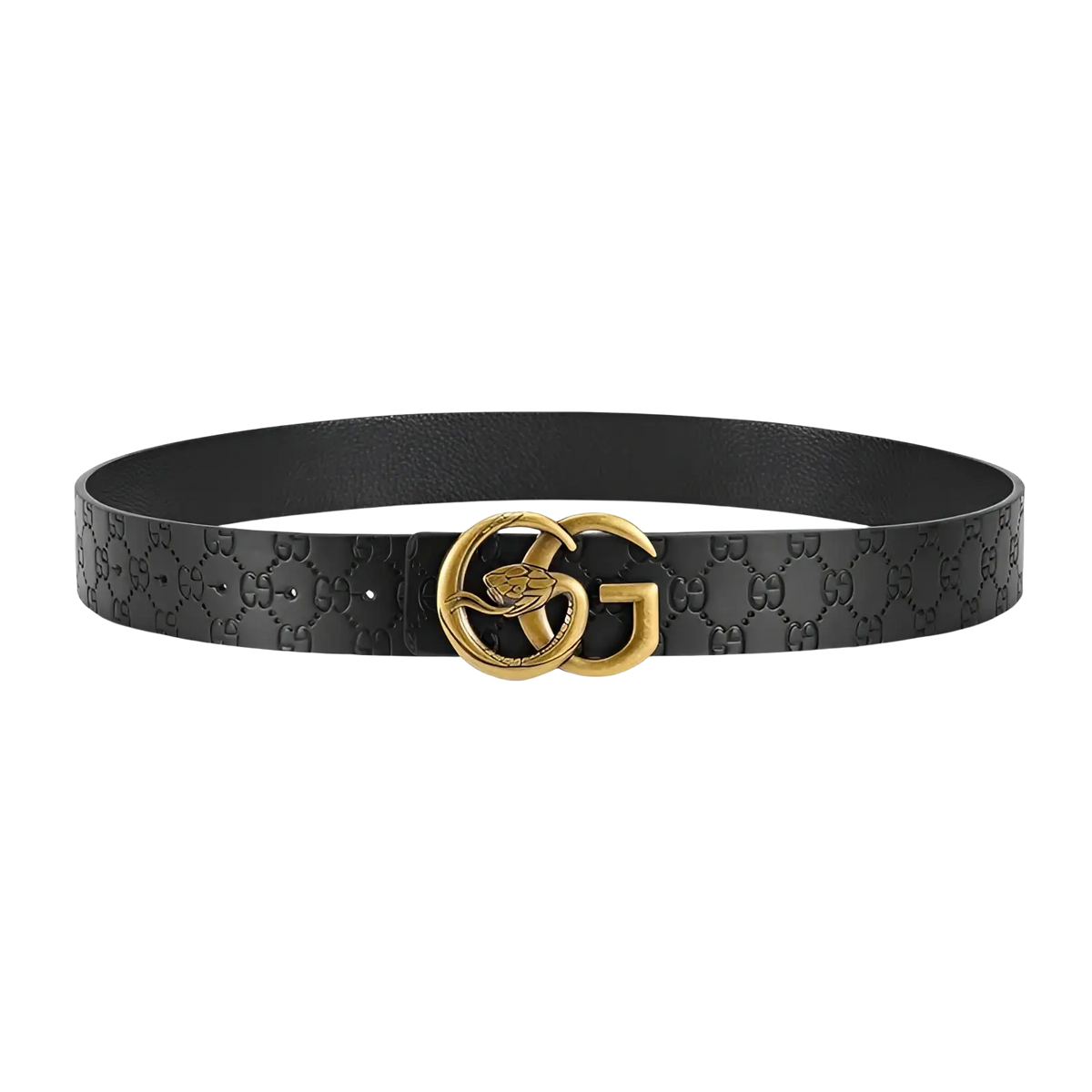 Black leather men snake buckle belt with gold-tone double-g buckle and embossed GG monogram pattern