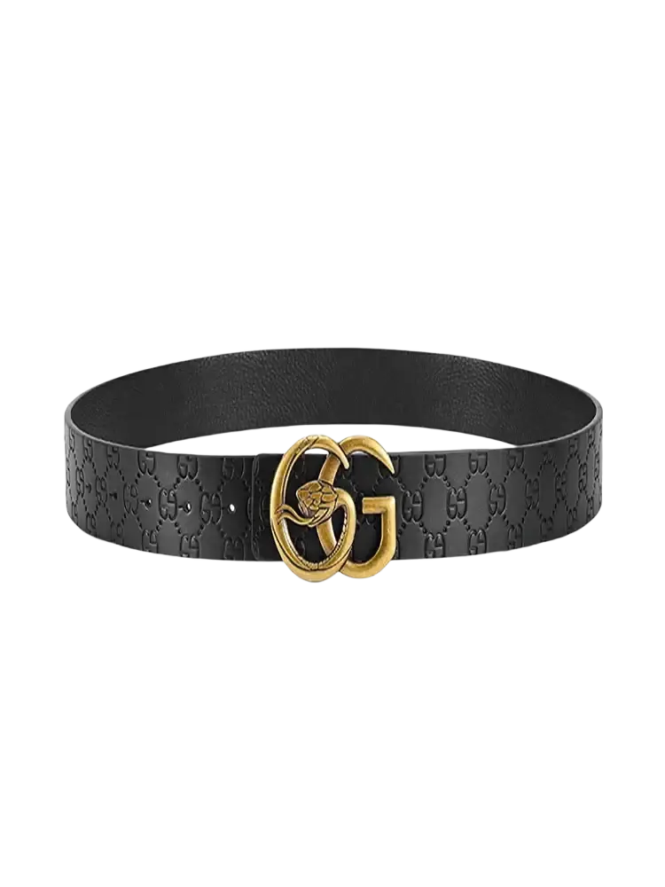 Men snake buckle leather belt in black with gold-tone interlocking gg buckle featuring a snake head design