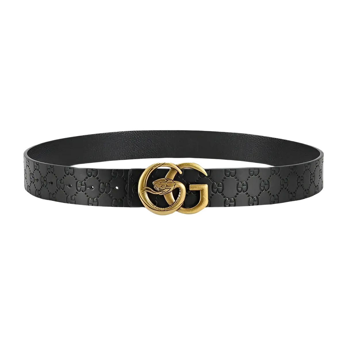 Men snake buckle leather belt in black with embossed gg monogram and gold-tone interlocking g buckle with engraved snake