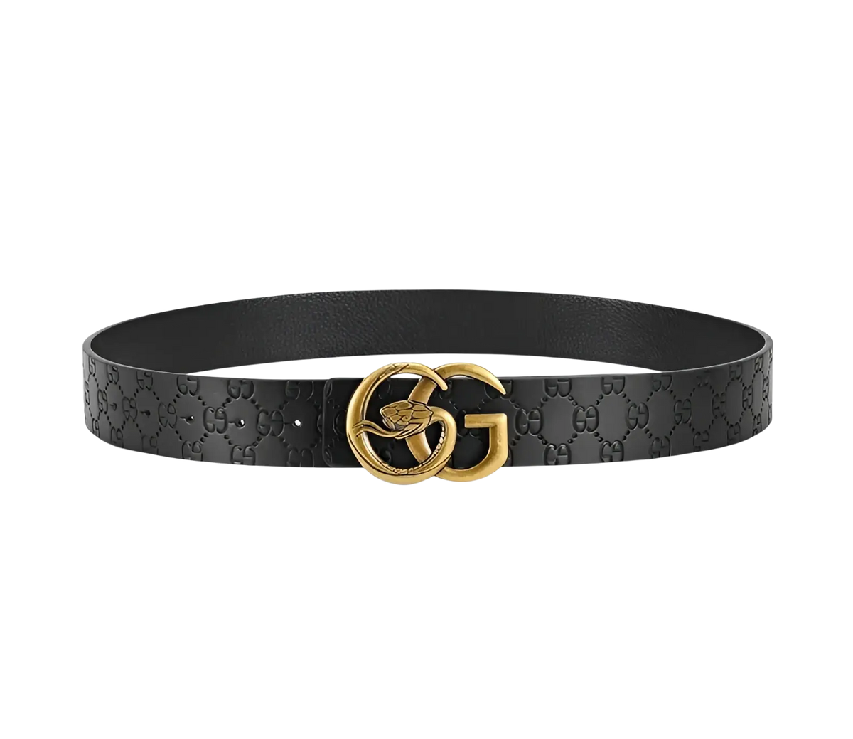 Black leather men snake buckle belt with gold-tone interlocking gg logo buckle and embossed monogram pattern