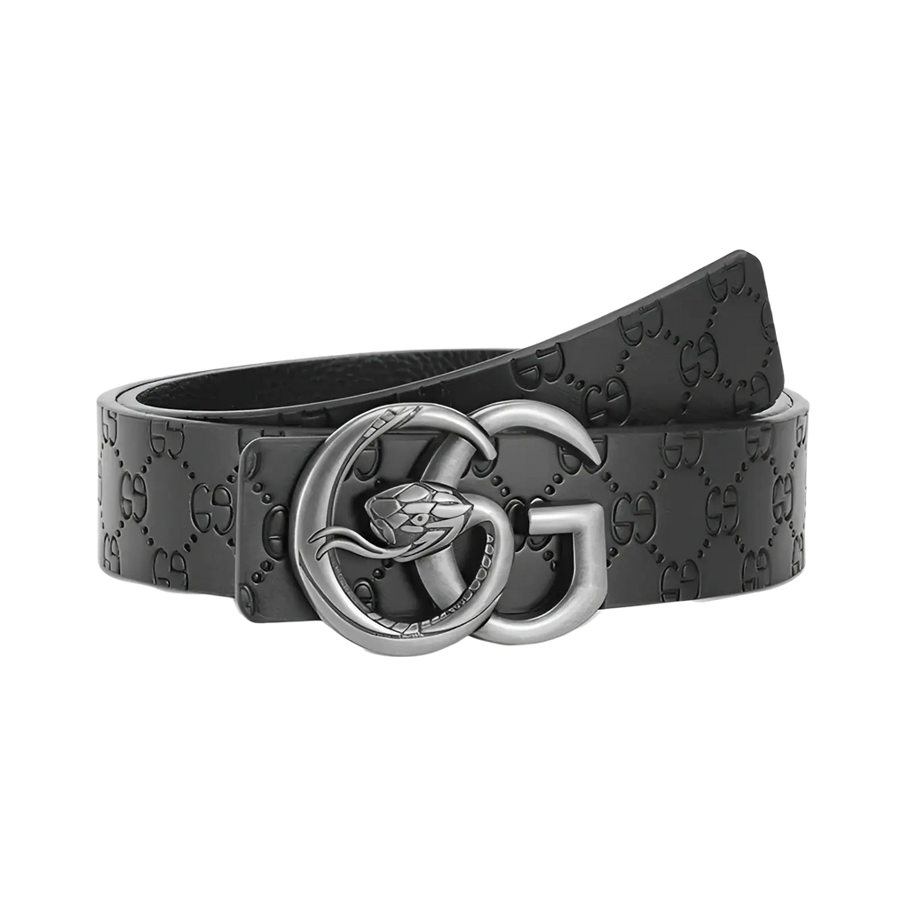 Black leather men snake buckle leather belt with embossed gg monogram pattern and silver snake double g buckle