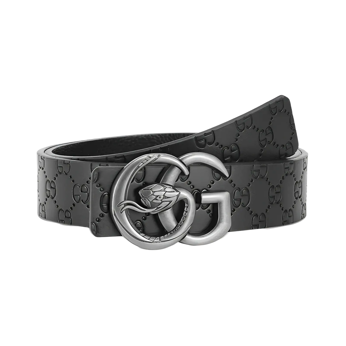 Black leather men snake buckle leather belt with embossed gg monogram pattern and silver snake double g buckle