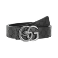 Men snake buckle leather belt in black with embossed gg monogram pattern and silver-toned snake double g buckle