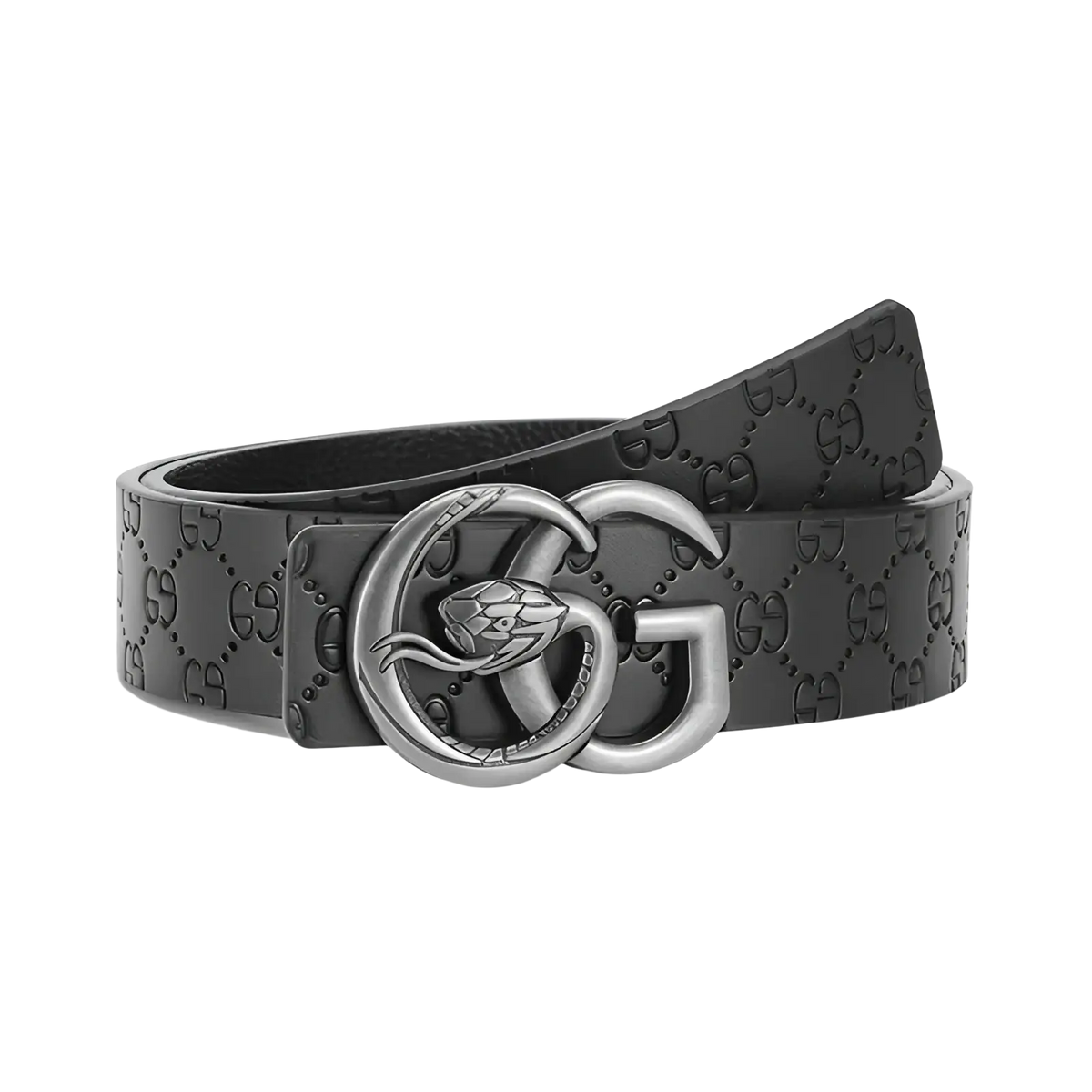 Men snake buckle leather belt in black with embossed gg monogram pattern and silver-toned snake double g buckle