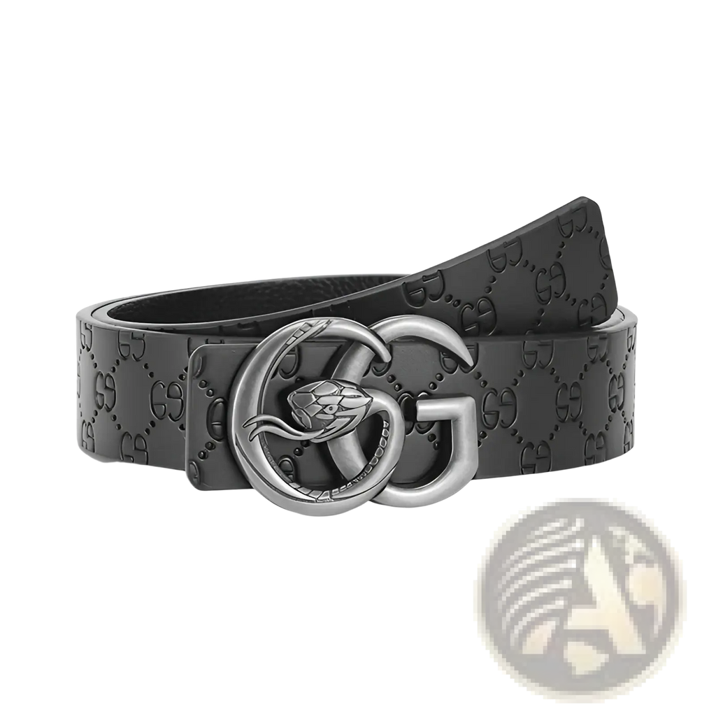 Black leather men snake buckle leather belt with embossed gg monogram pattern and silver snake double g buckle