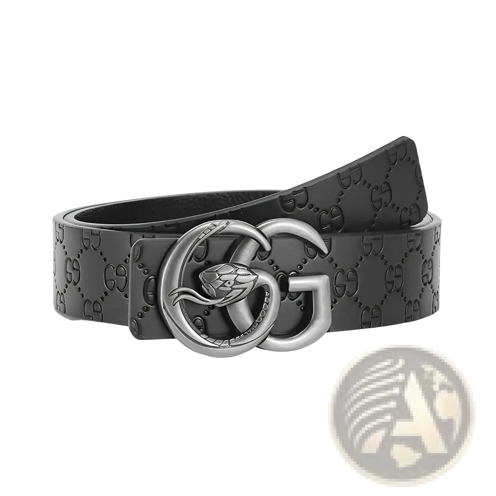 Black leather men snake buckle leather belt with embossed gg monogram pattern and silver snake double g buckle