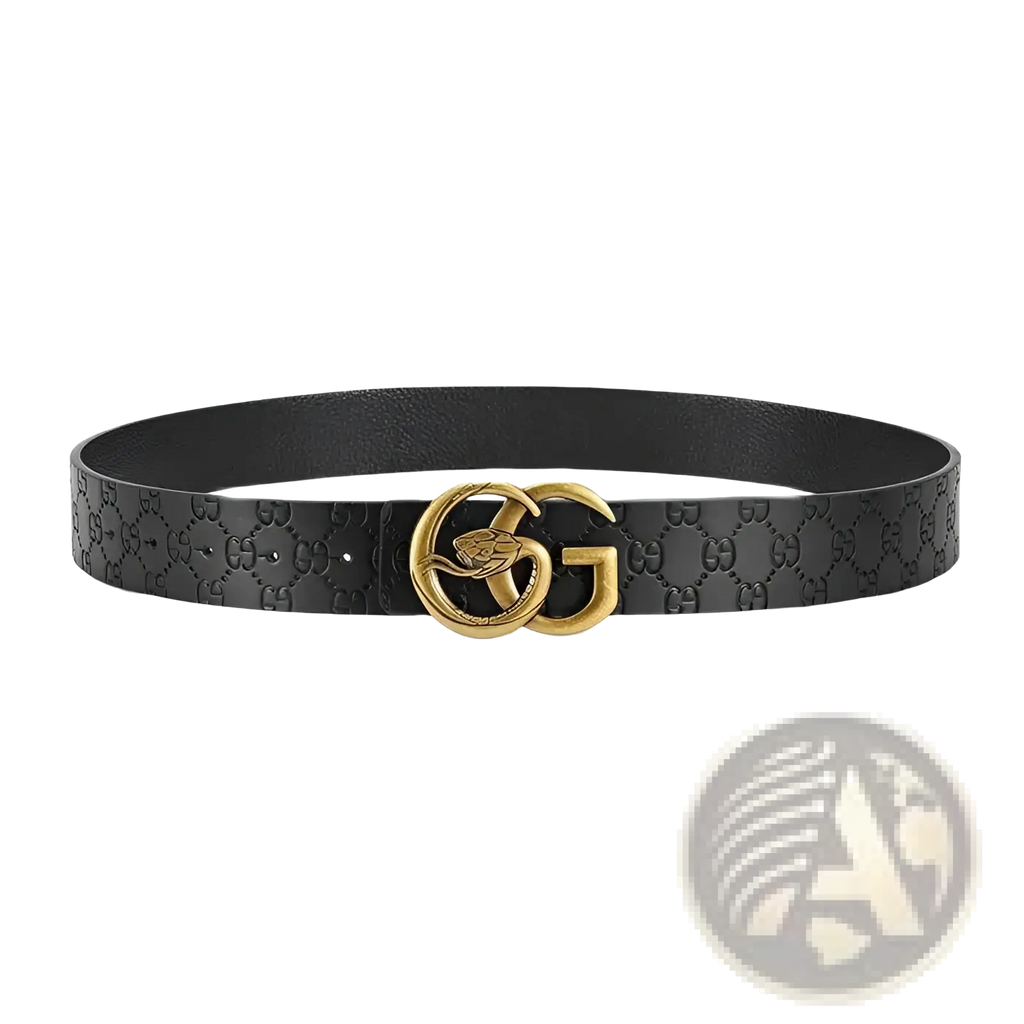 Men snake buckle leather belt in black with embossed gg monogram and gold-tone interlocking g buckle with engraved snake