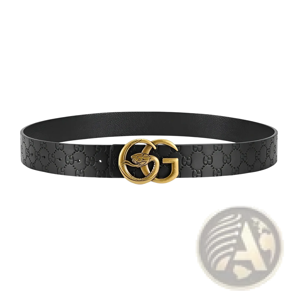 Black leather men snake buckle belt with gold-tone double-g buckle and embossed GG monogram pattern
