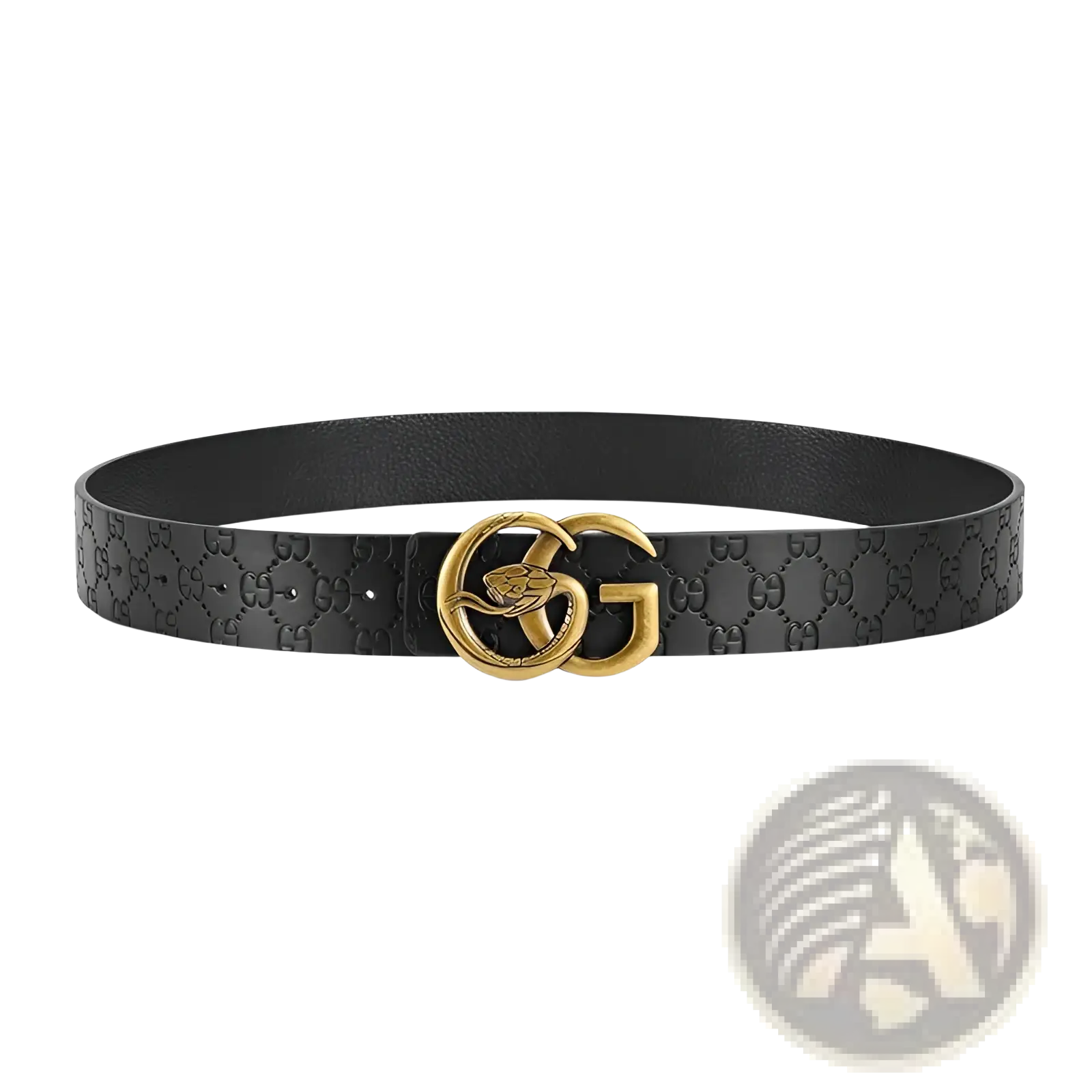 Black leather men snake buckle belt with gold-tone double-g buckle and embossed GG monogram pattern