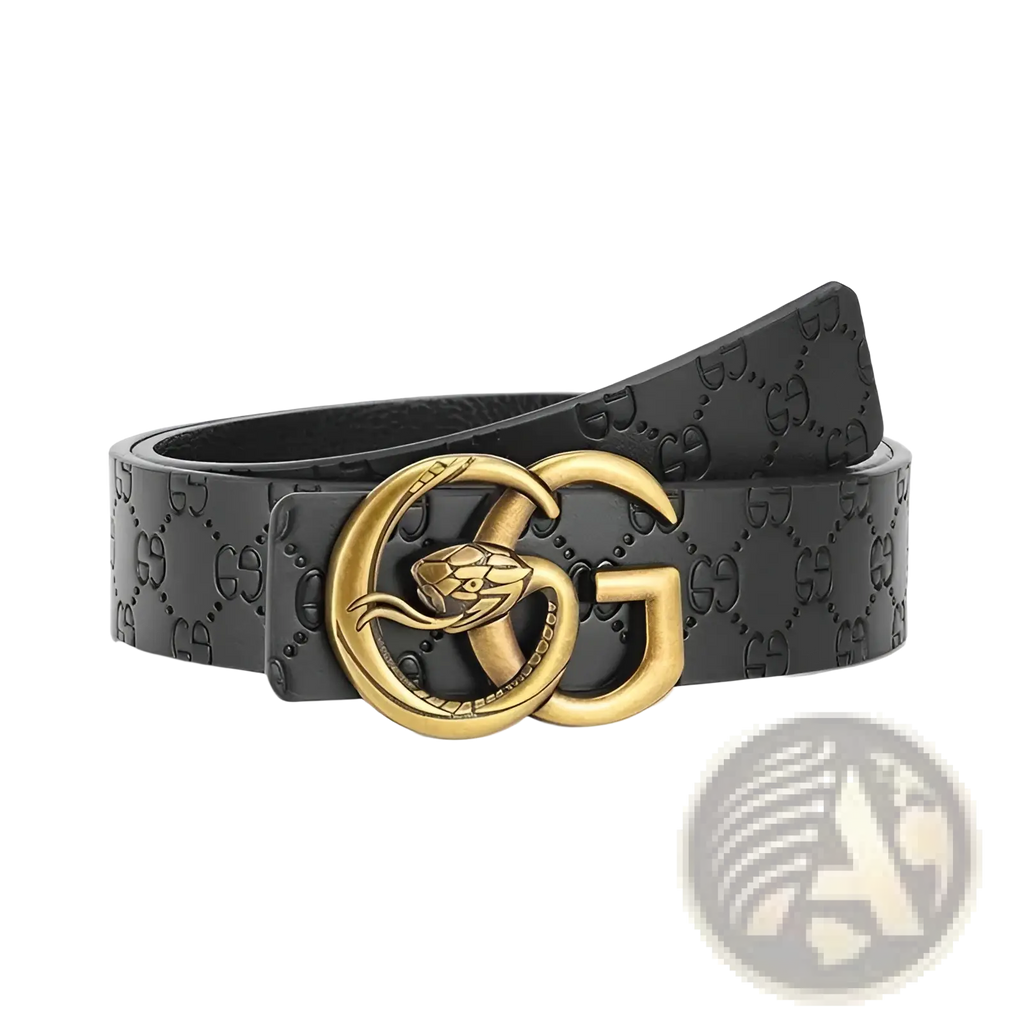 Men snake buckle leather belt in black with a gold-tone snake embossed GG logo buckle