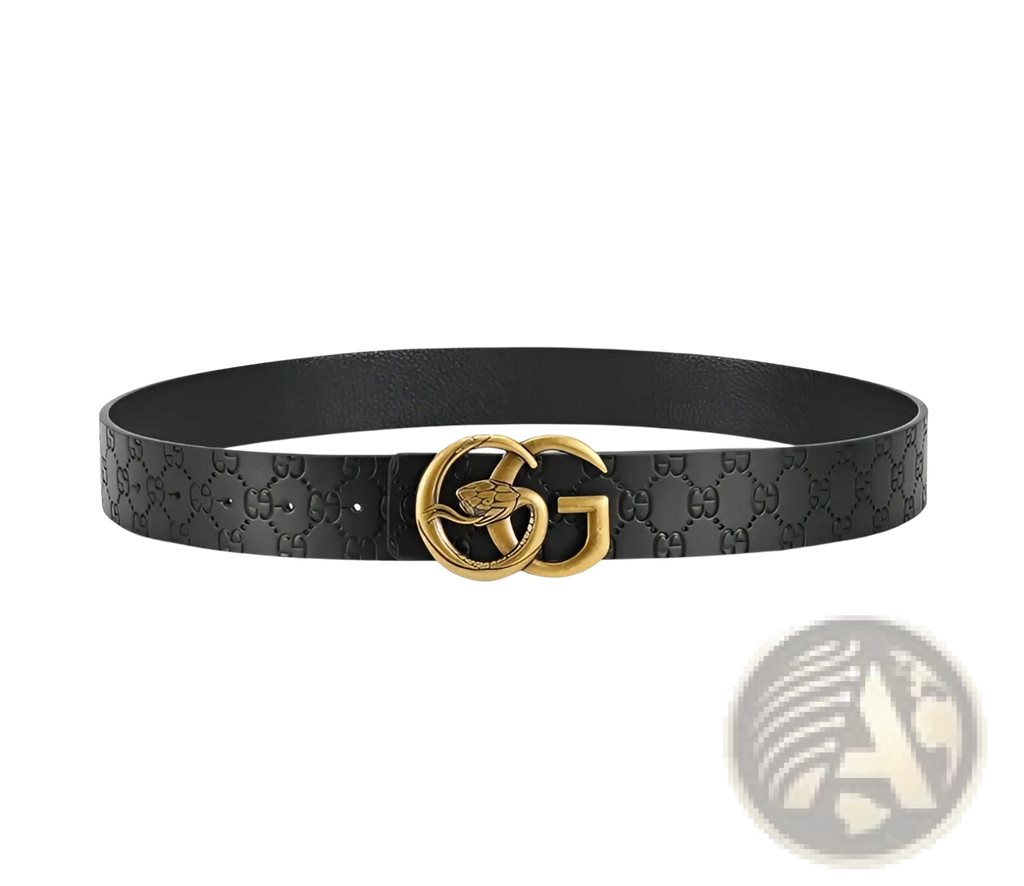 Black leather men snake buckle belt with gold-tone interlocking gg logo buckle and embossed monogram pattern