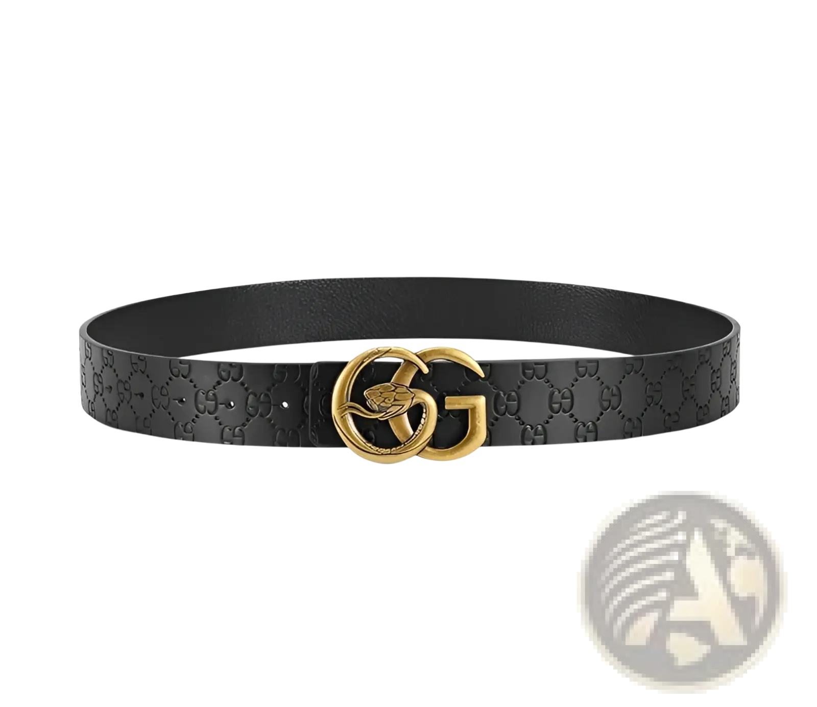 Black leather men snake buckle belt with gold-tone interlocking gg logo buckle and embossed monogram pattern