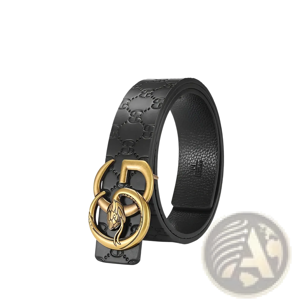Black leather men snake buckle belt with gold-toned snake head buckle and embossed repeating pattern