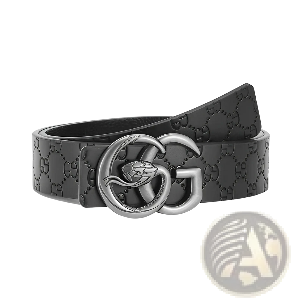 Men snake buckle leather belt in black with embossed gg monogram pattern and silver-toned snake double g buckle