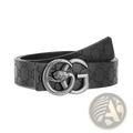 Men snake buckle leather belt in black with embossed gg monogram pattern and silver-toned snake double g buckle