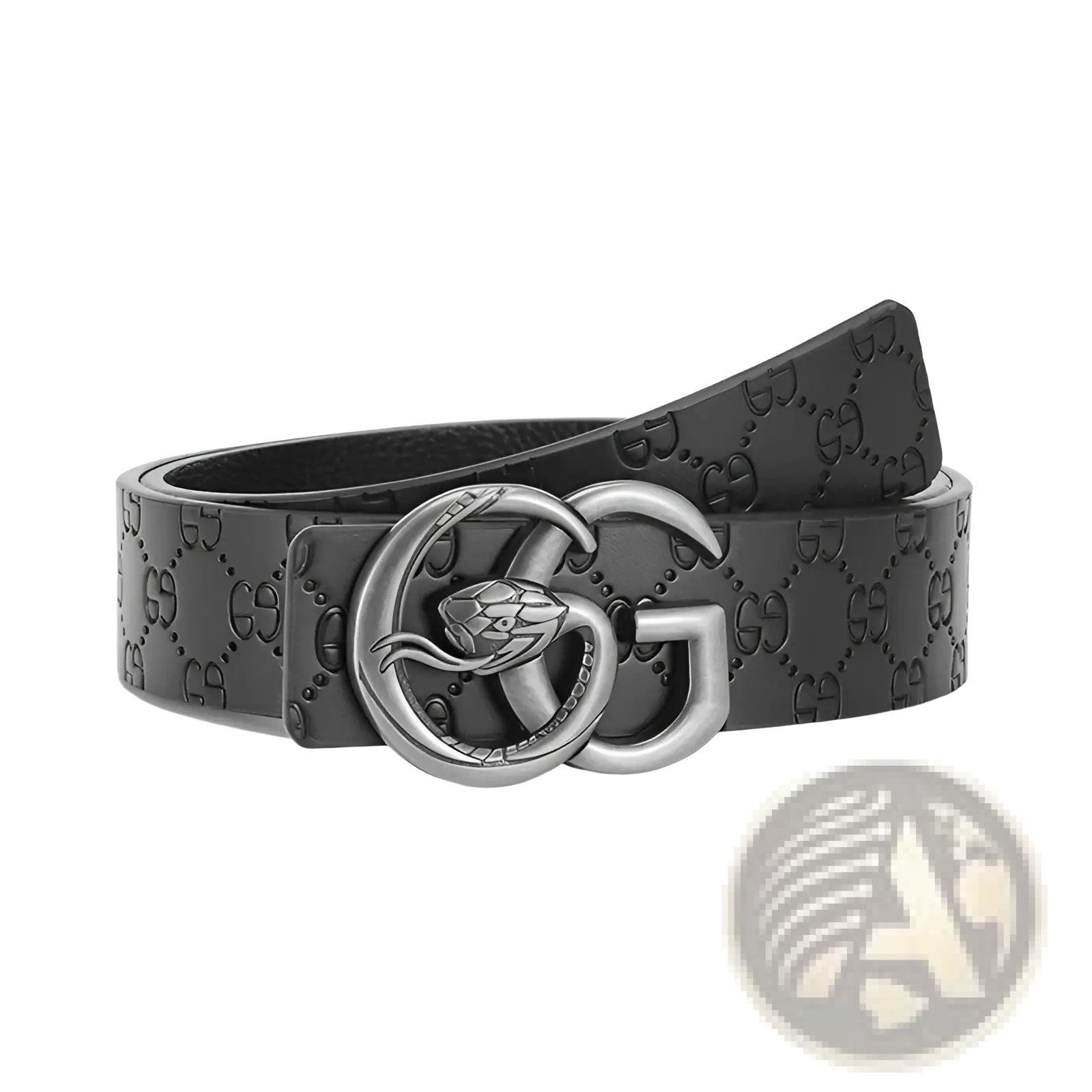 Men snake buckle leather belt in black with embossed gg monogram pattern and silver-toned snake double g buckle