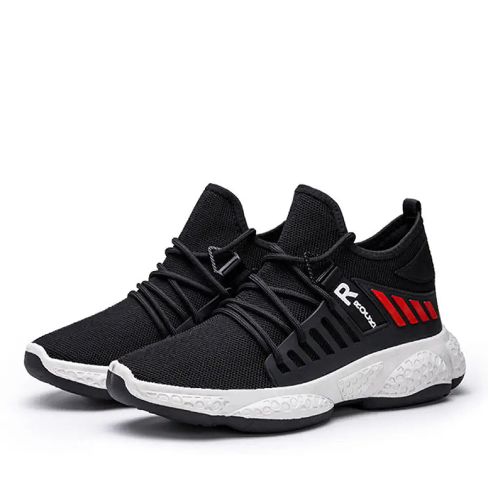 Men’s breathable mesh athletic sports sneakers in black knit with red and white side accents and a textured sole