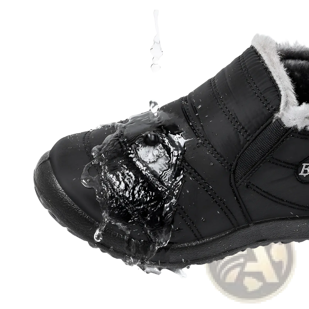 Men snow boots black waterproof winter shoe with plush gray lining and stitched panel design for cold weather use