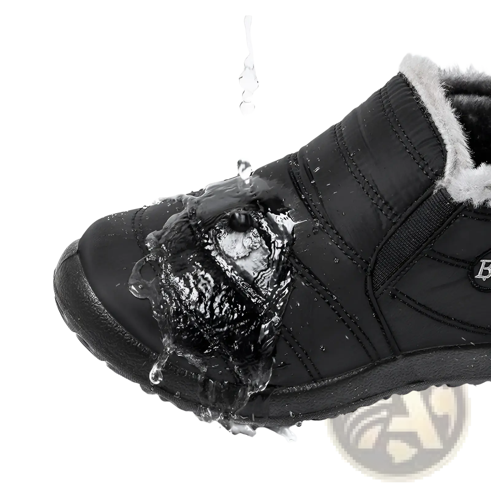 Men snow boots black waterproof winter shoe with plush gray lining and stitched panel design for cold weather use