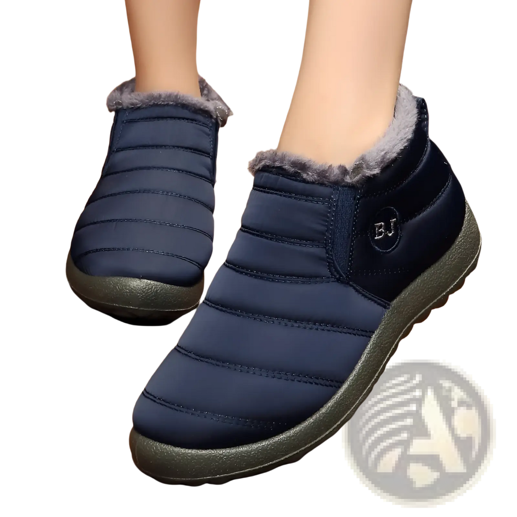 Men snow boots navy blue quilted with gray faux fur lining and olive green rubber soles lightweight waterproof winter shoes
