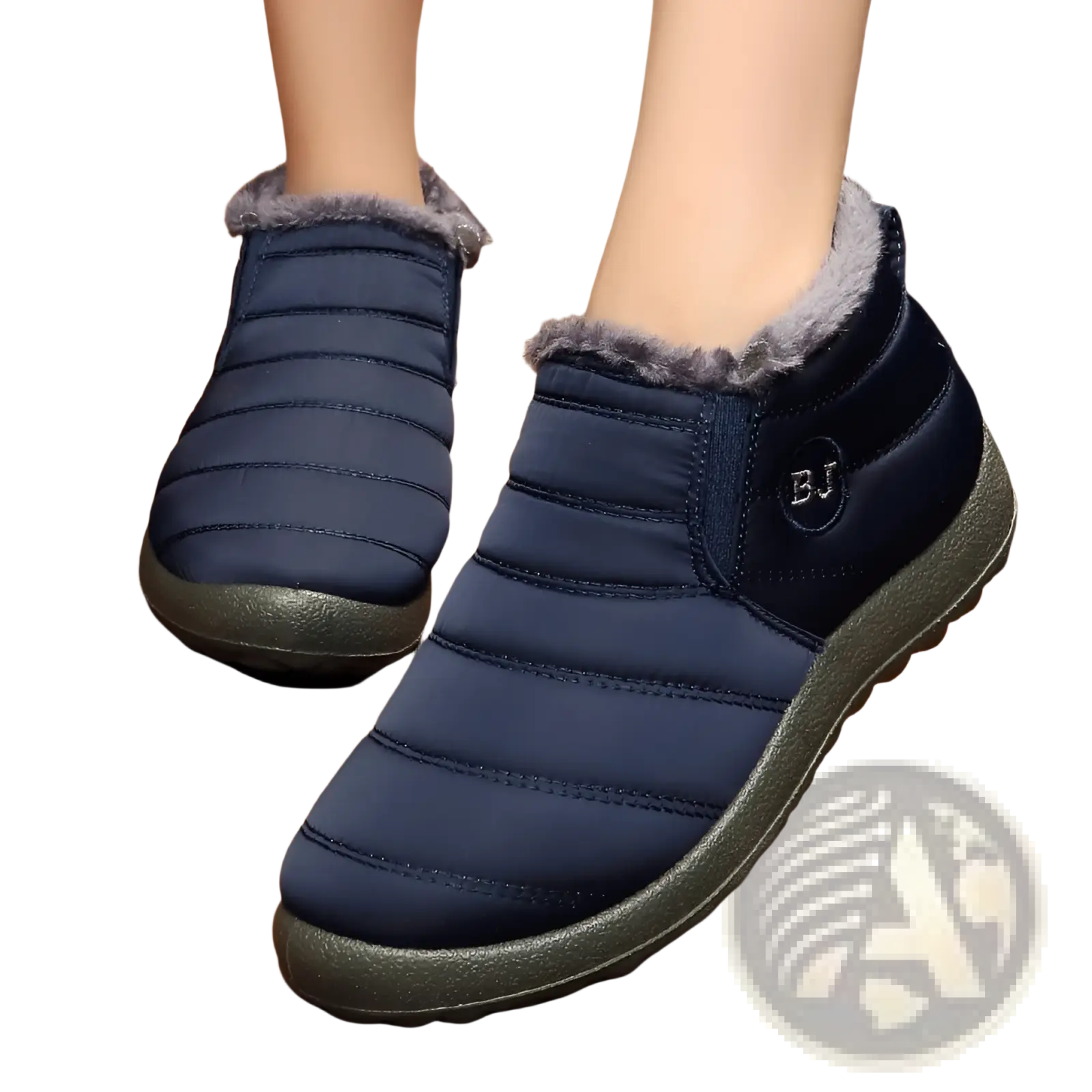 Men snow boots navy blue quilted with gray faux fur lining and olive green rubber soles lightweight waterproof winter shoes