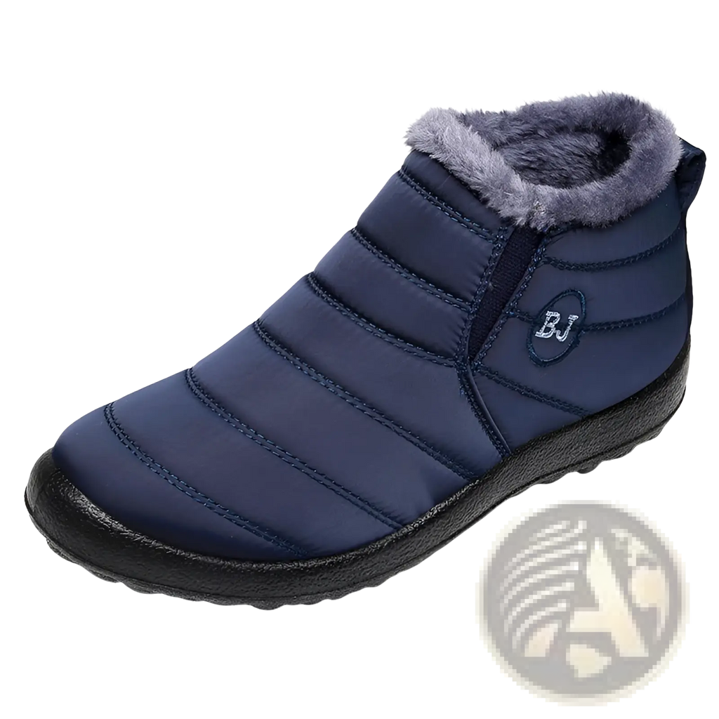 Navy blue quilted men snow boots with gray faux fur lining and black rubber sole lightweight waterproof winter shoes
