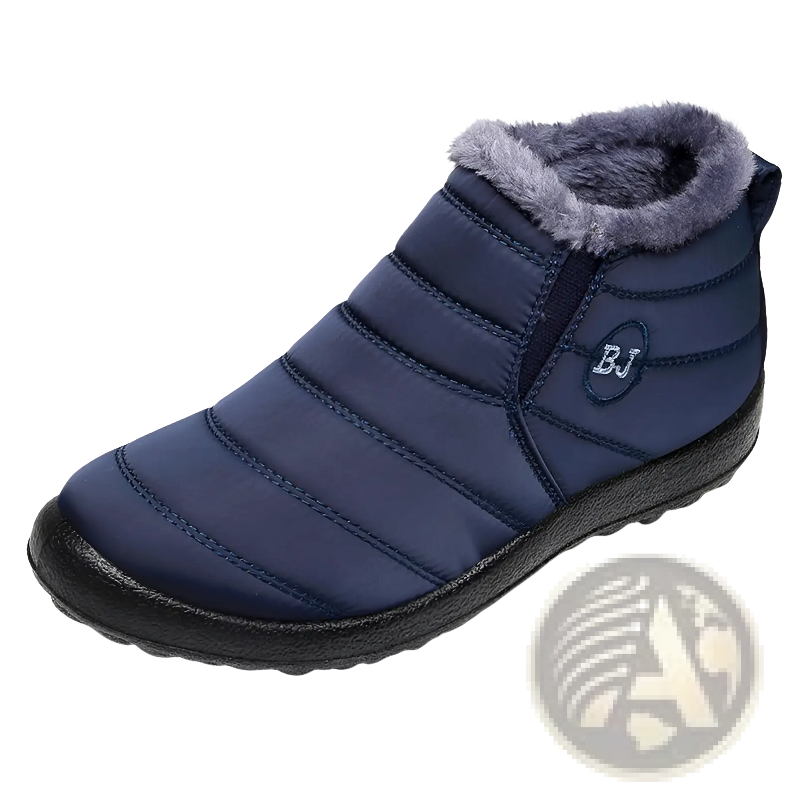 Navy blue quilted men snow boots with gray faux fur lining and black rubber sole lightweight waterproof winter shoes
