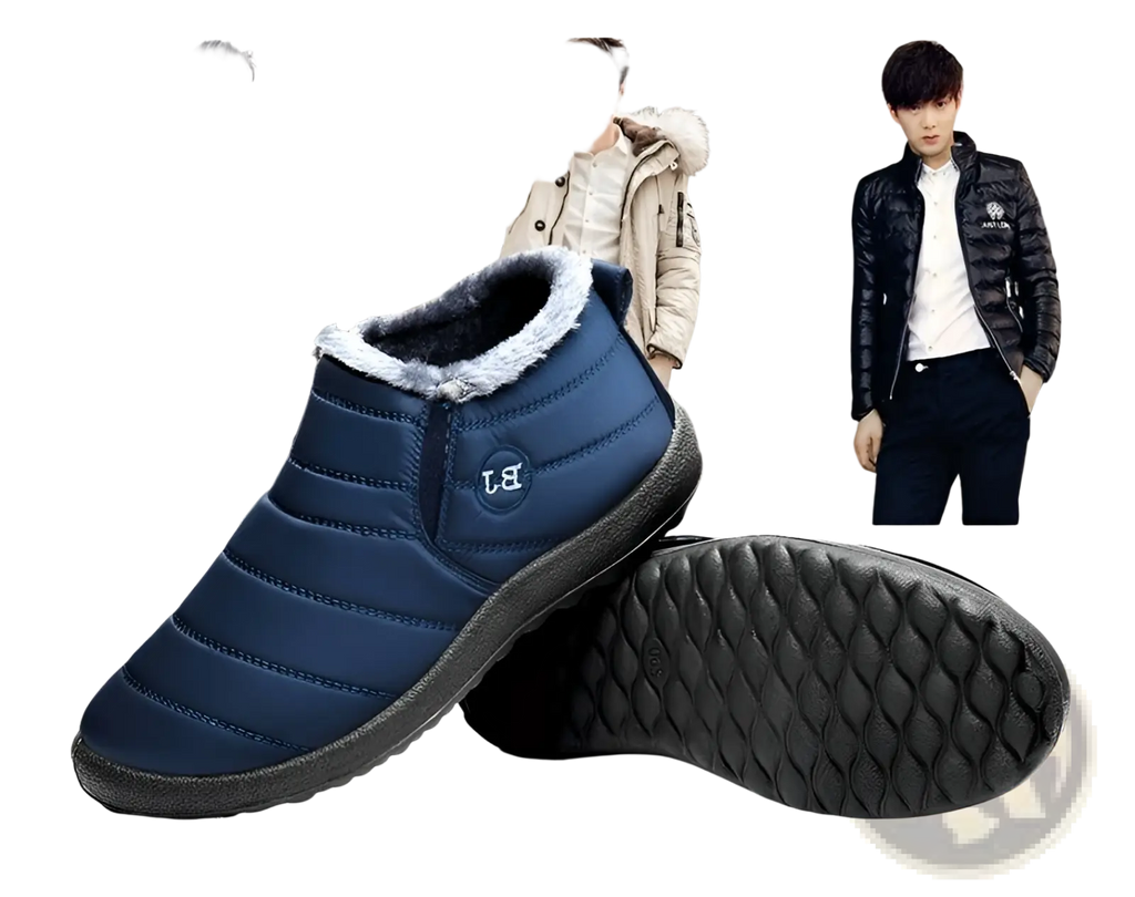 Navy blue quilted men snow boot with plush gray lining and black rubber sole lightweight waterproof winter shoe