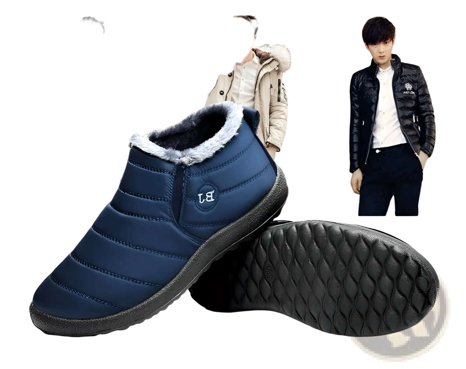 Navy blue quilted men snow boot with plush gray lining and black rubber sole lightweight waterproof winter shoe