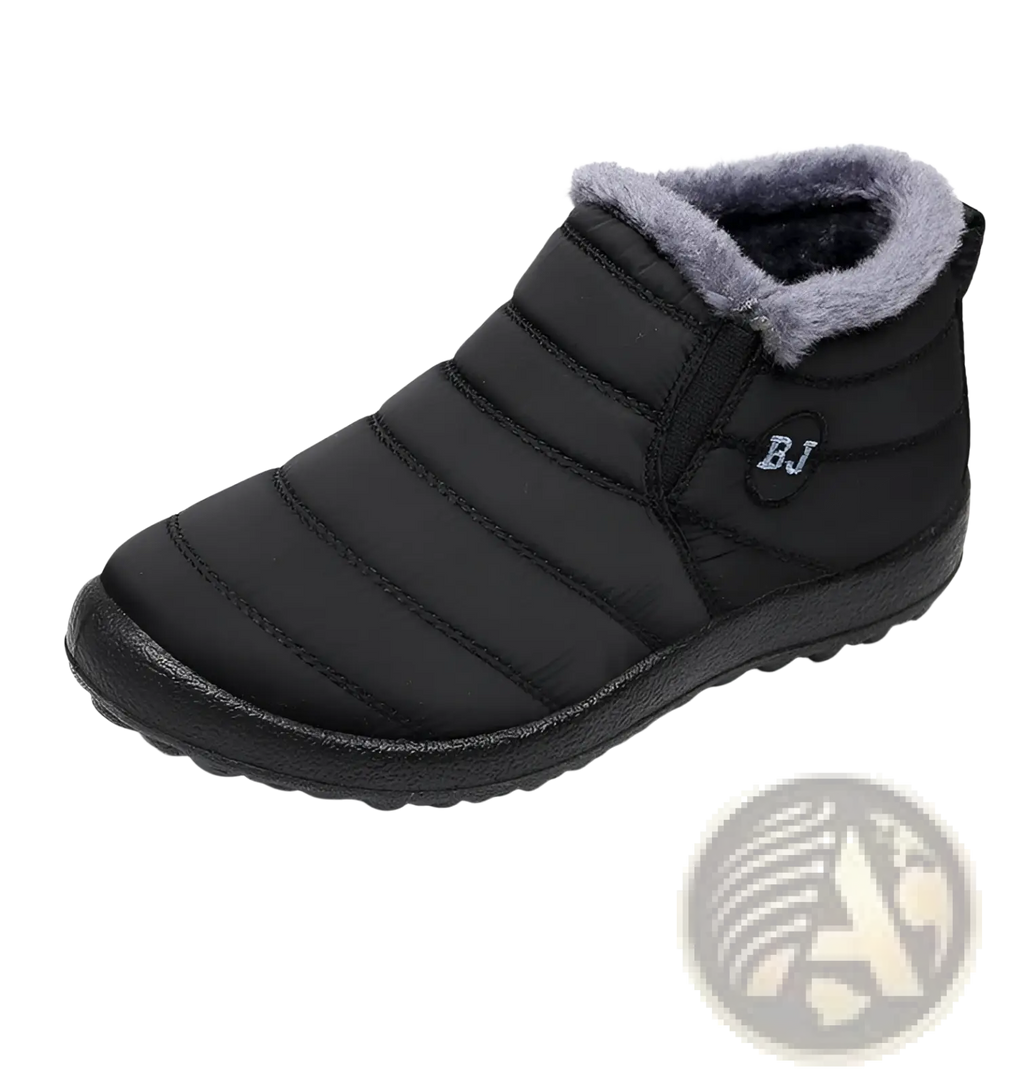 Black quilted men snow boot with gray faux fur lining lightweight waterproof winter shoe with bj logo patch