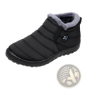 Black quilted men snow boot with gray faux fur lining lightweight waterproof winter shoe with bj logo patch