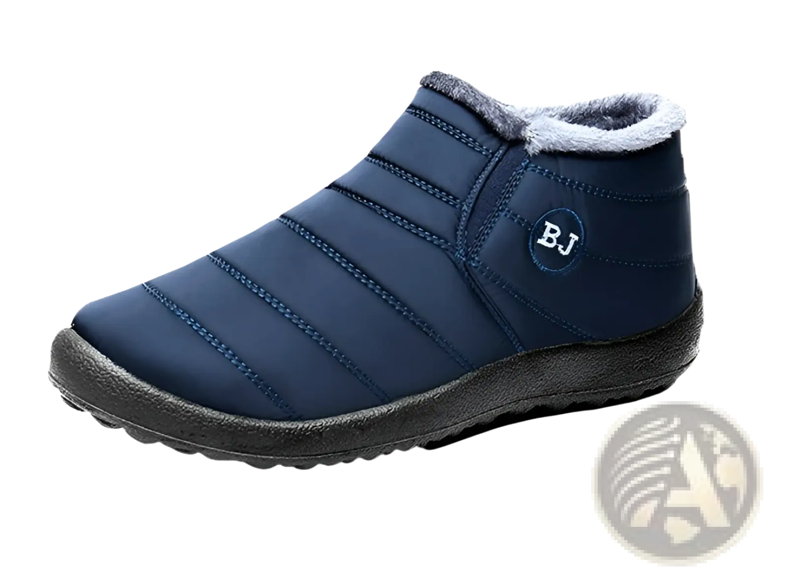 Navy blue insulated men snow boot with gray fleece lining and bj logo, lightweight waterproof winter shoe