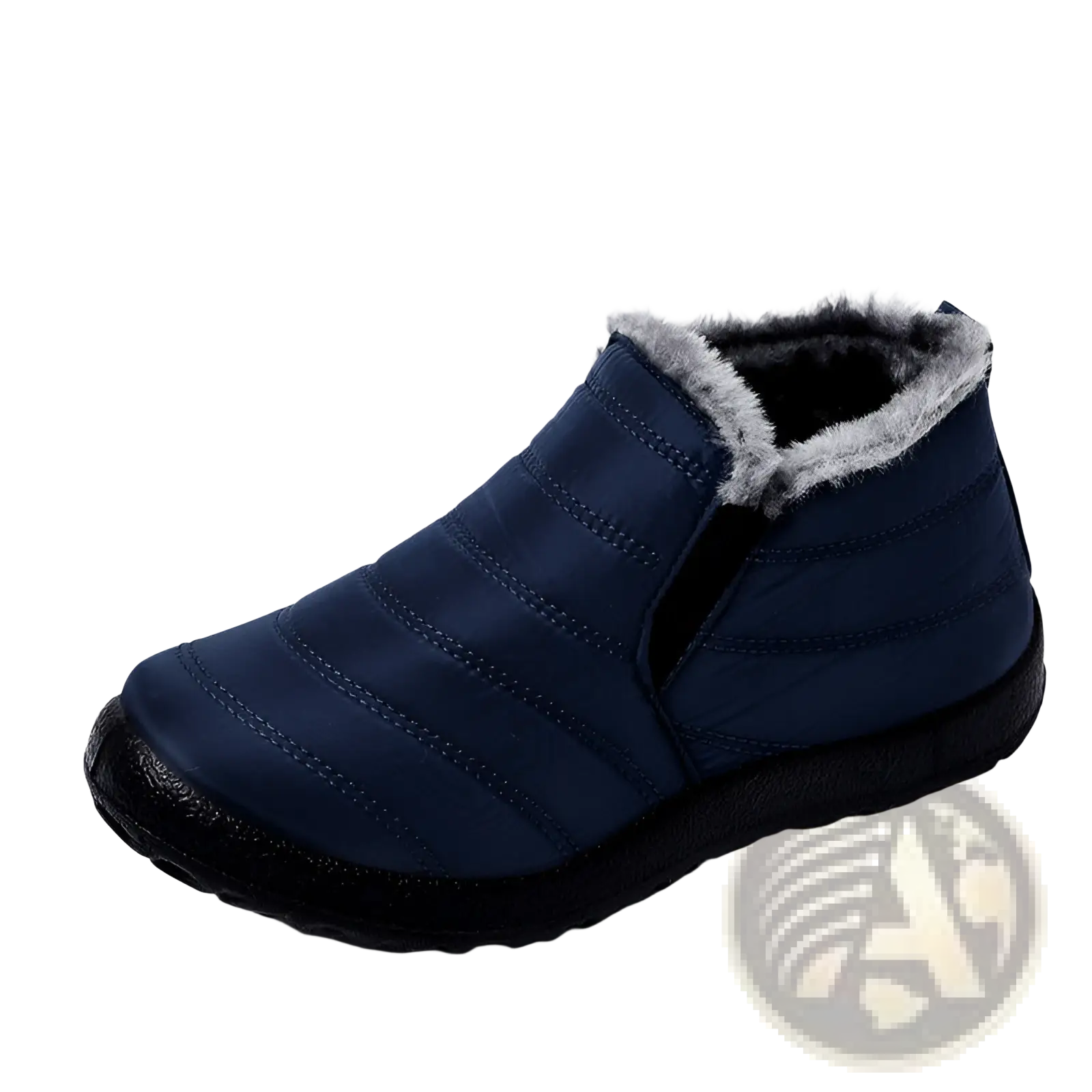 Navy blue men snow boot slip-on with gray faux fur lining and black rubber sole lightweight waterproof winter shoe