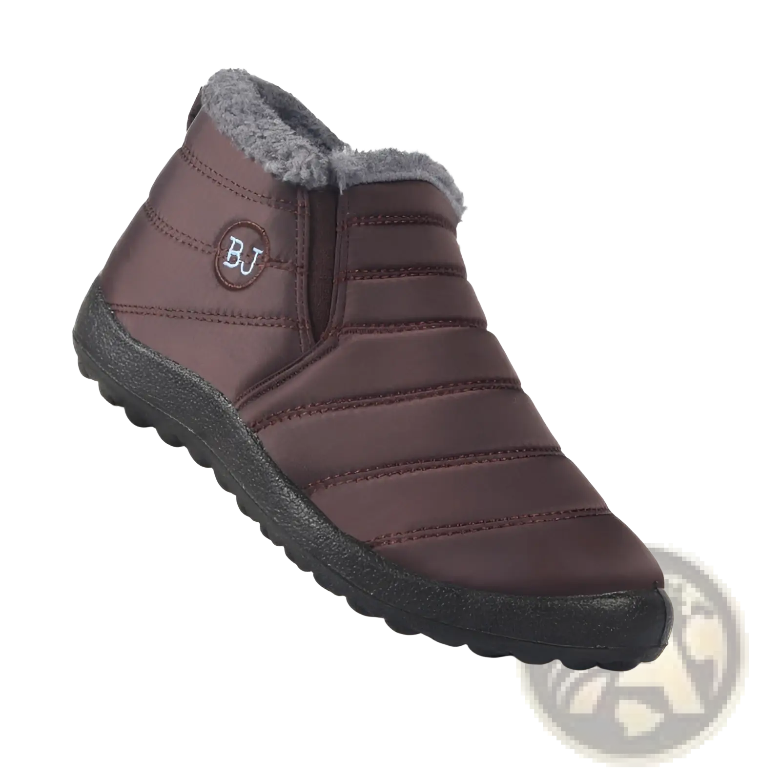 Brown quilted men snow boot with gray faux fur lining and black rubber sole lightweight waterproof winter shoe