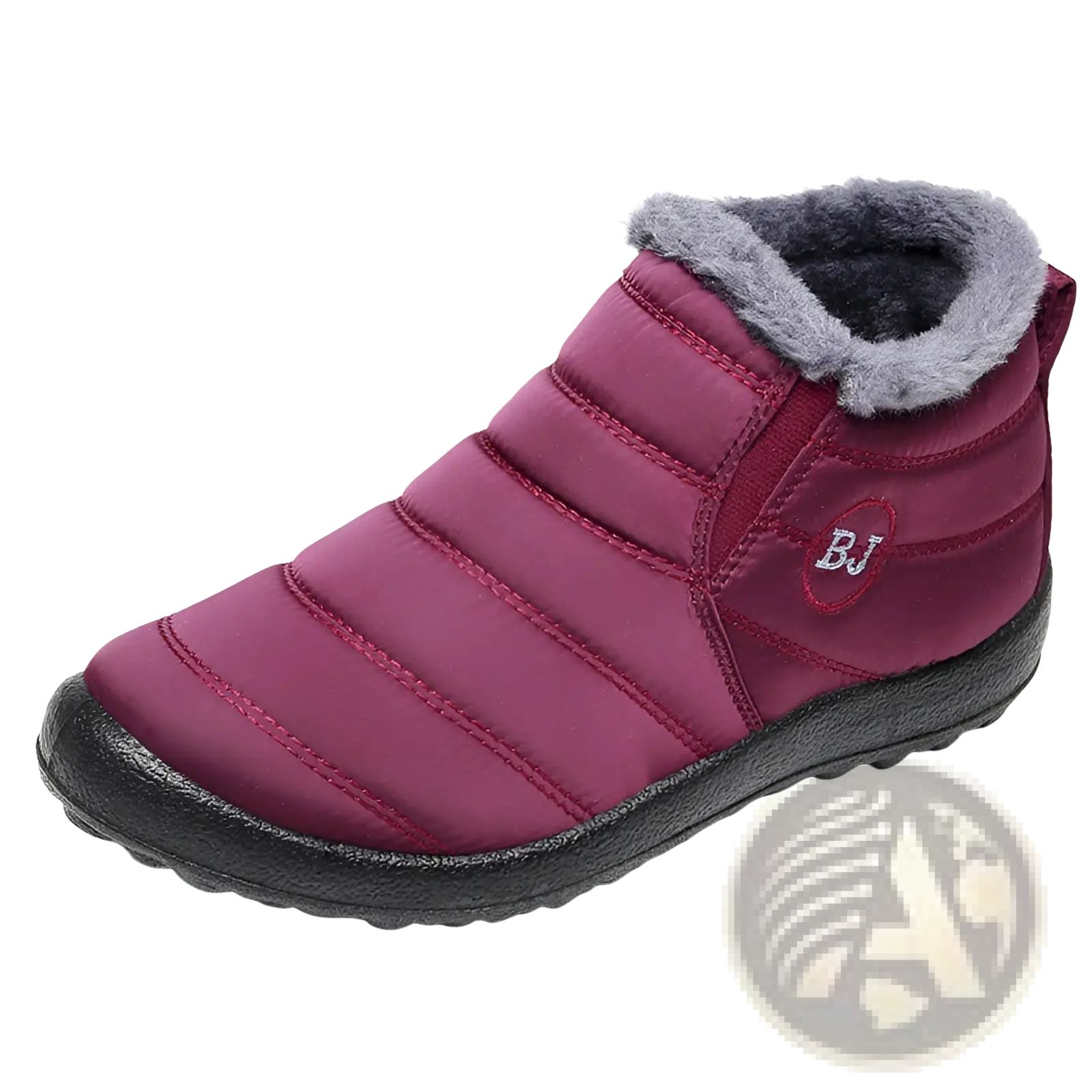 Men snow boots lightweight waterproof winter shoes maroon quilted with gray faux fur lining and black rubber sole