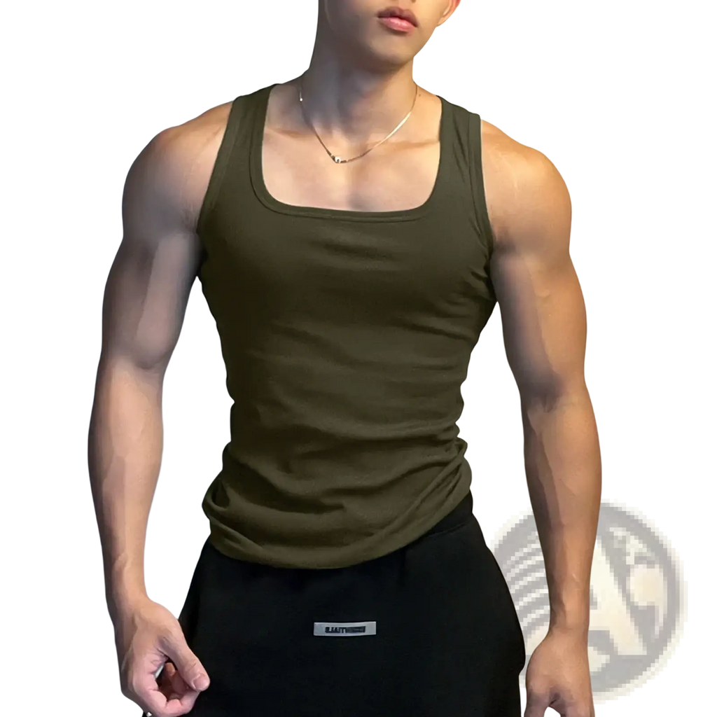 Olive green incerun men solid color casual tank top with square neckline fitted design in sizes s to 5xl