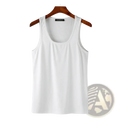 White ribbed cotton tank top with scoop neckline hanging on wooden hanger men solid color casual tank top s 5xl
