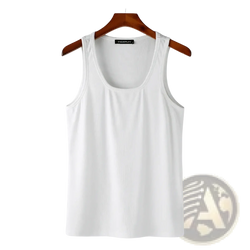 White ribbed cotton tank top with scoop neckline hanging on wooden hanger men solid color casual tank top s 5xl
