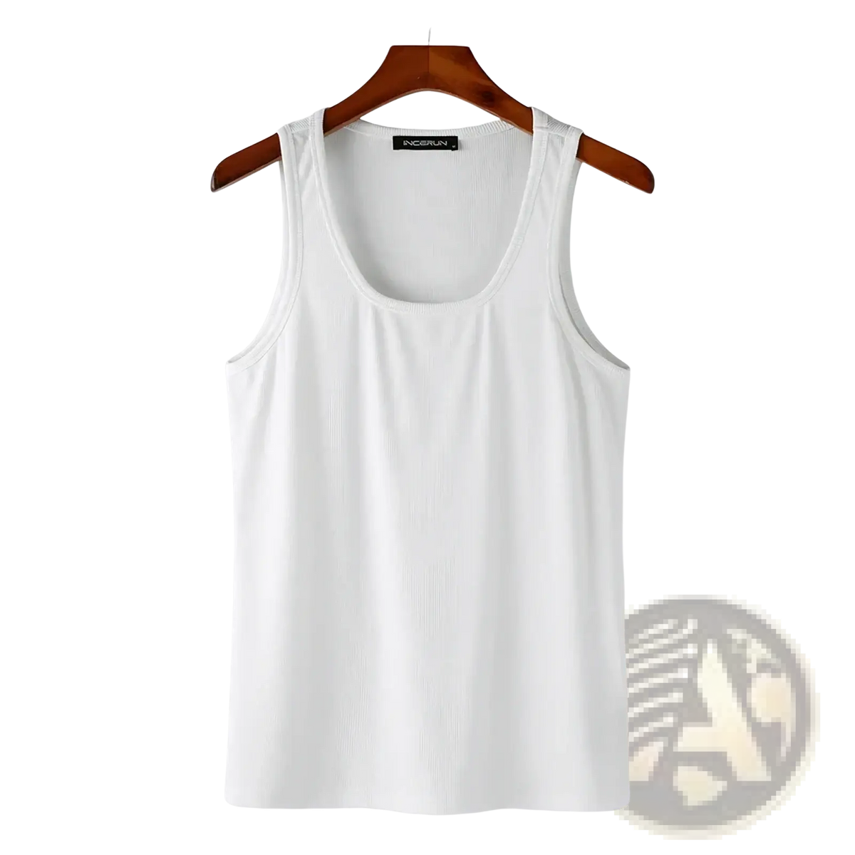 White ribbed cotton tank top with scoop neckline hanging on wooden hanger men solid color casual tank top s 5xl
