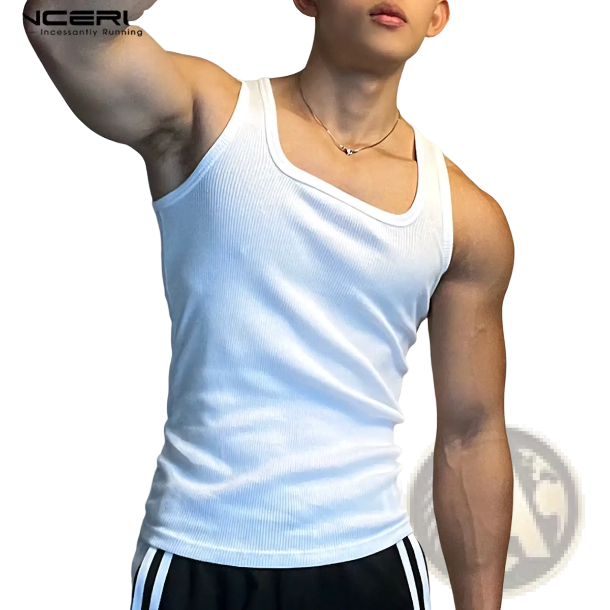 Men solid color casual white ribbed tank top with scoop neckline fitted design and incerun logo on upper left chest