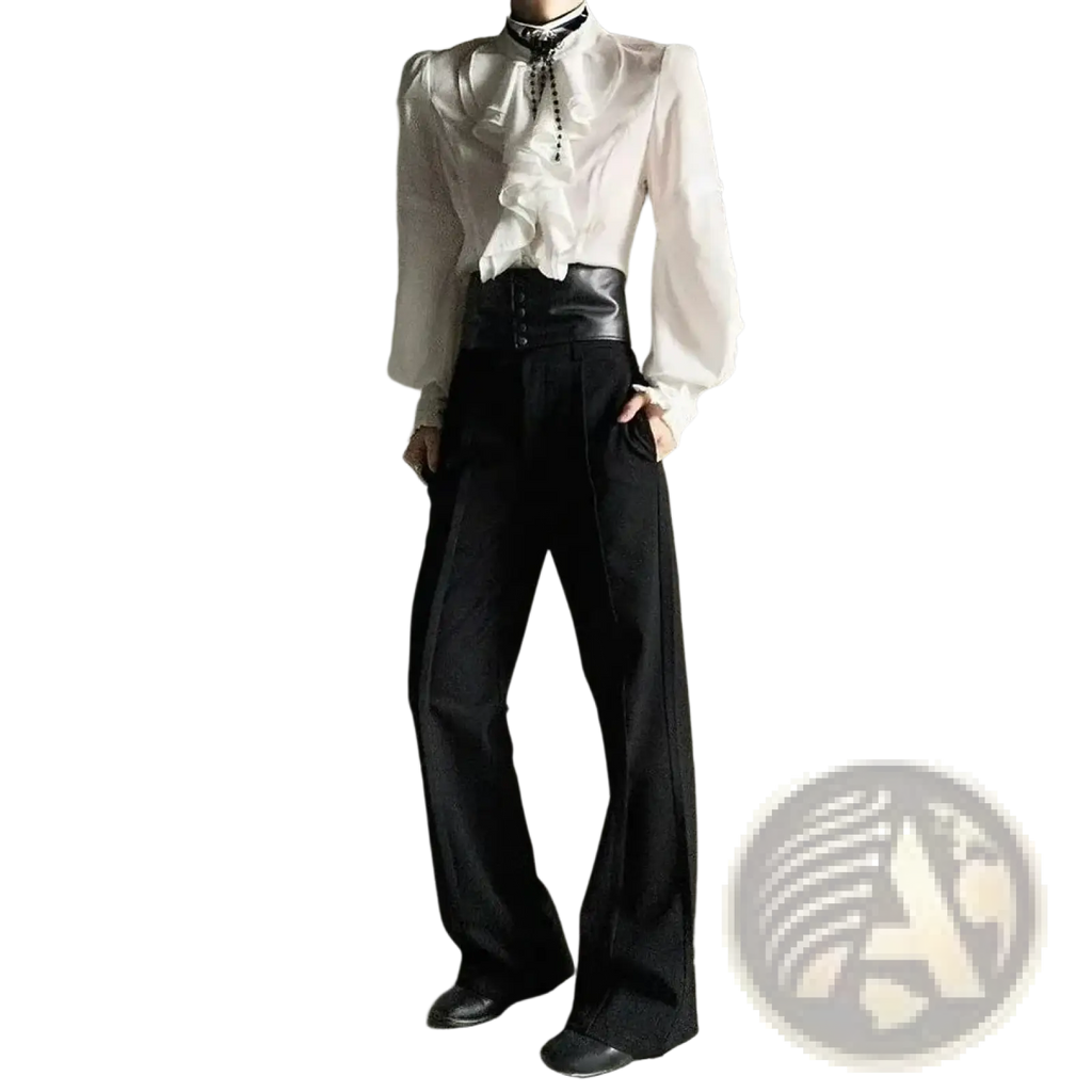 Black high-waisted flared trousers with structured waistband and pleats paired with men solid color french retro casual shirt
