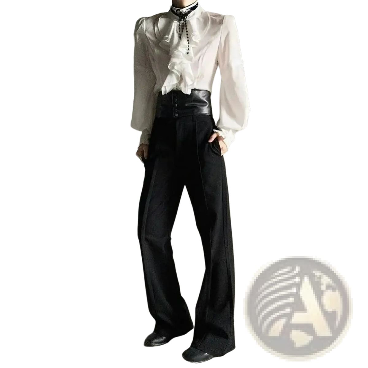 Black high-waisted flared trousers with structured waistband and pleats paired with men solid color french retro casual shirt
