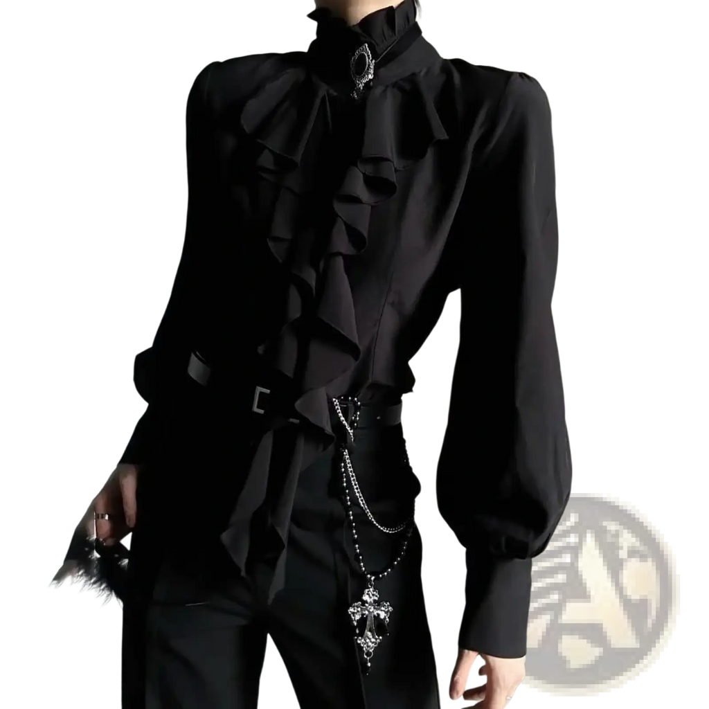 Black ruffled blouse with high collar and silver embellishments paired with men solid color french retro casual shirt and trousers